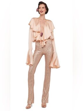 NORMA KAMALI LONG SLEEVE DEEP V RUFFLE BODYSUIT